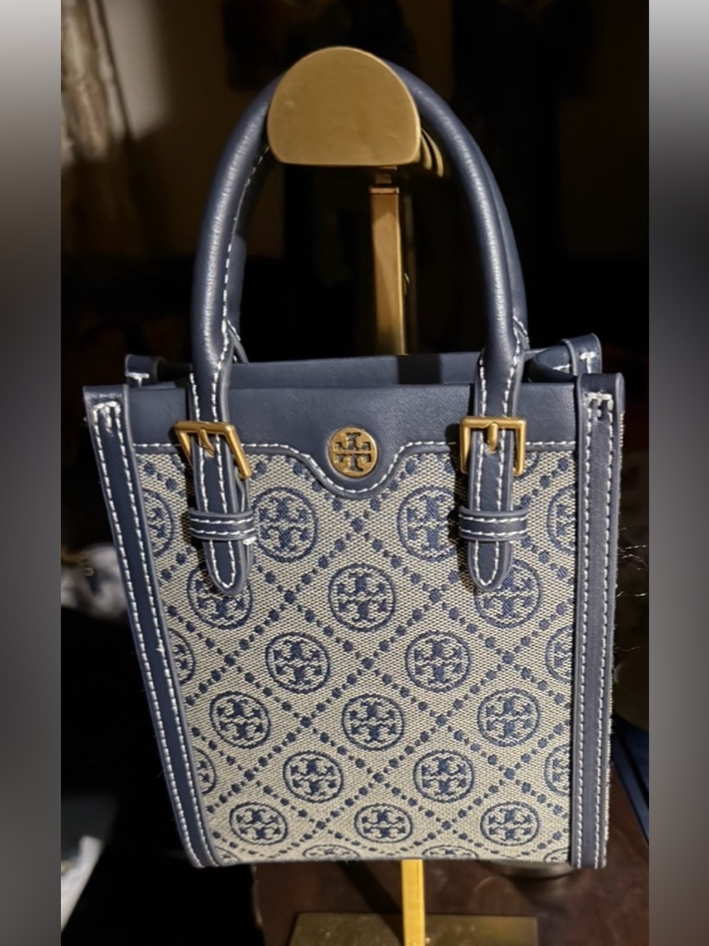 Tory Burch T Monogram Jacquard Mini Tote, featuring a structured blue and cream. - Picture 3 of 4